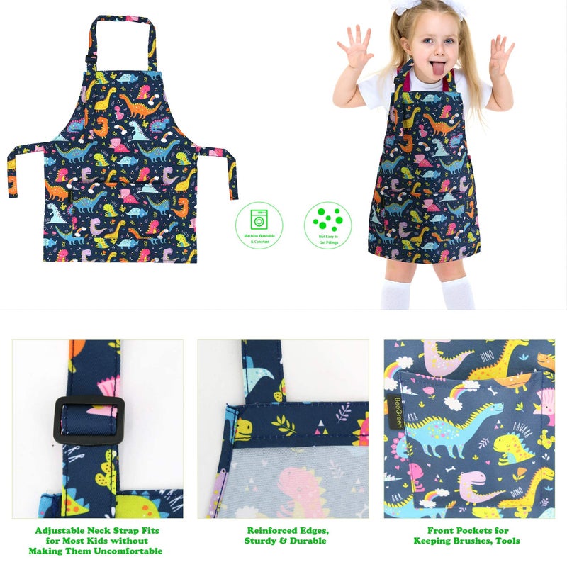 BeeGreen Kids Apron 2 Pack Cooking Aprons with Adjustable Strap Kids Kitchen Aprons with Front Pocket for Girls Toddler Painting Baking Artist Washable Foldable Lightweight (Dinosaurs+Space Planets) - Image 3