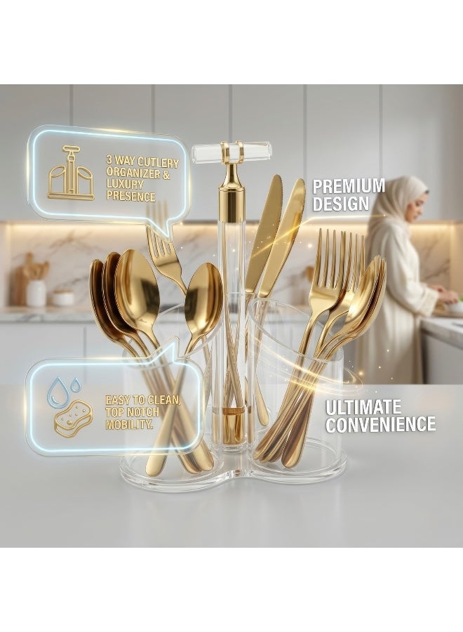 بيتى حامل أدوات المطبخ من الأكريليك الشفاف من أسبن، منظم أدوات المائدة بثلاثة أقسام، حامل تخزين أدوات المائدة - Image 3