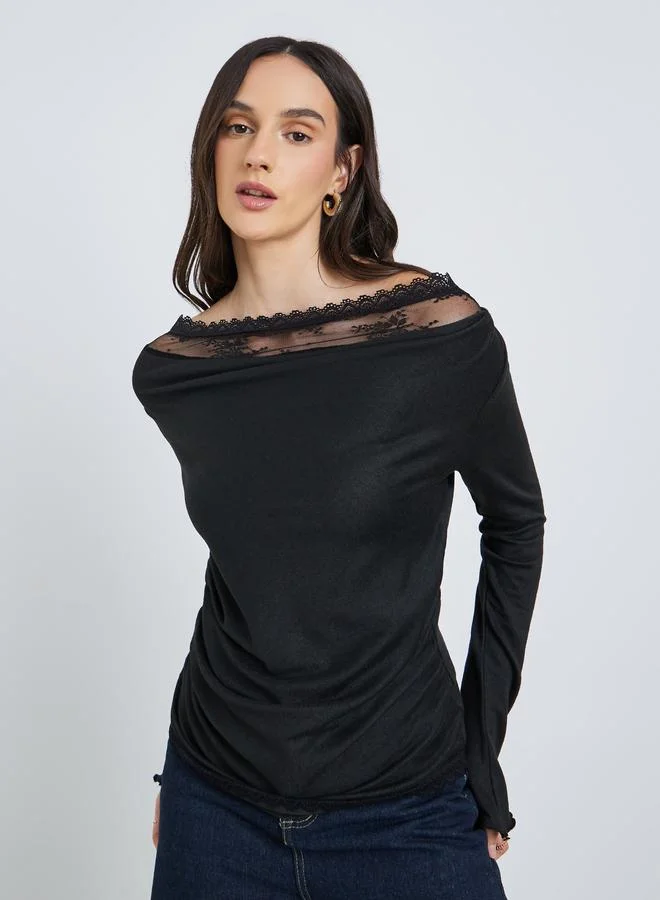 Styli Styli Lace Insert Cowl Neck Blouse