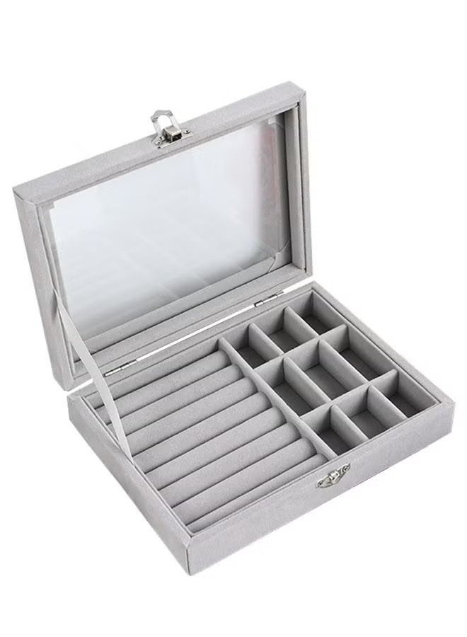 Shein Velvet Jewelry Display Stand Storage Box with Mirror, Clear Lid Jewelry Ring Holder Box for Women & Girls, Leather Jewellery Display Holder for Ring Necklace Earring Bracelets （Grey） - Image 1