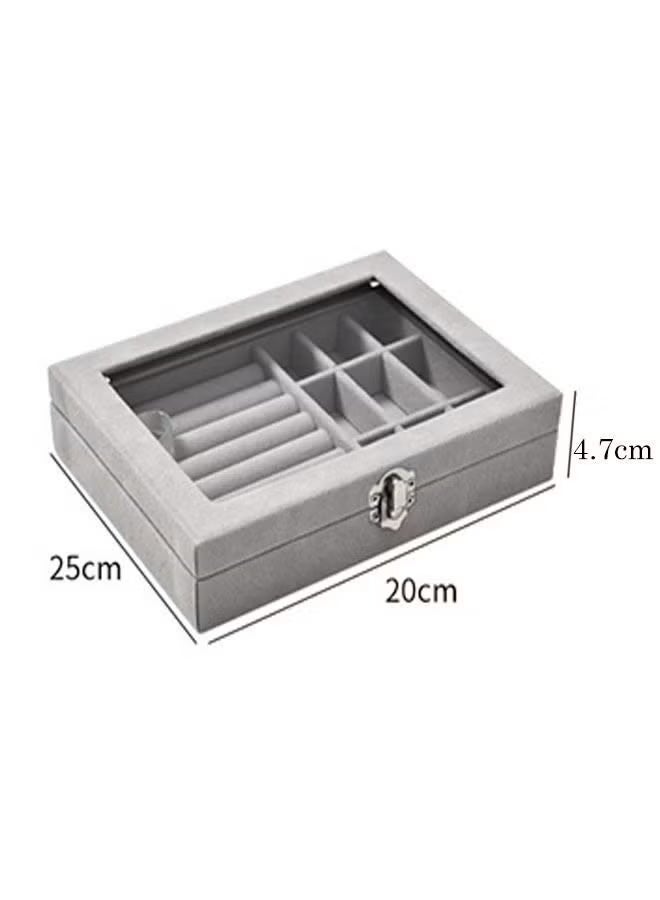 Shein Velvet Jewelry Display Stand Storage Box with Mirror, Clear Lid Jewelry Ring Holder Box for Women & Girls, Leather Jewellery Display Holder for Ring Necklace Earring Bracelets （Grey） - Image 2