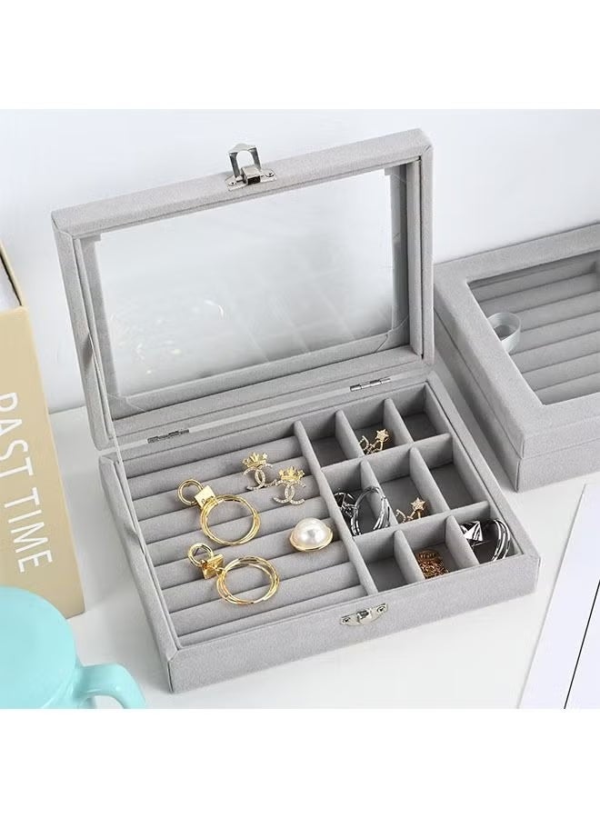 Shein Velvet Jewelry Display Stand Storage Box with Mirror, Clear Lid Jewelry Ring Holder Box for Women & Girls, Leather Jewellery Display Holder for Ring Necklace Earring Bracelets （Grey） - Image 3