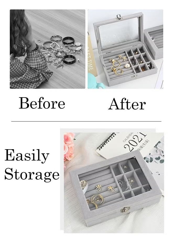 Shein Velvet Jewelry Display Stand Storage Box with Mirror, Clear Lid Jewelry Ring Holder Box for Women & Girls, Leather Jewellery Display Holder for Ring Necklace Earring Bracelets （Grey） - Image 4