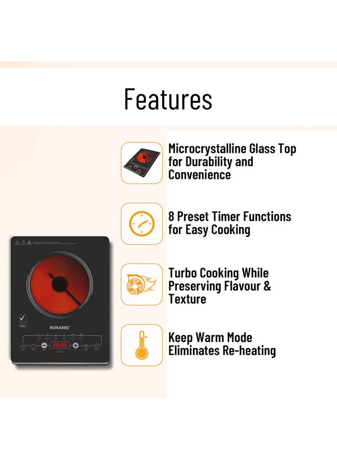 SONASHI Infrared Ceramic Cooker With Display Power | 4 Digit LED Display With Touch Sensor Control And 12 Level Power Settings | Portable And Compact Infrared Cooker 2200 W SIS-015N Black - Image 4