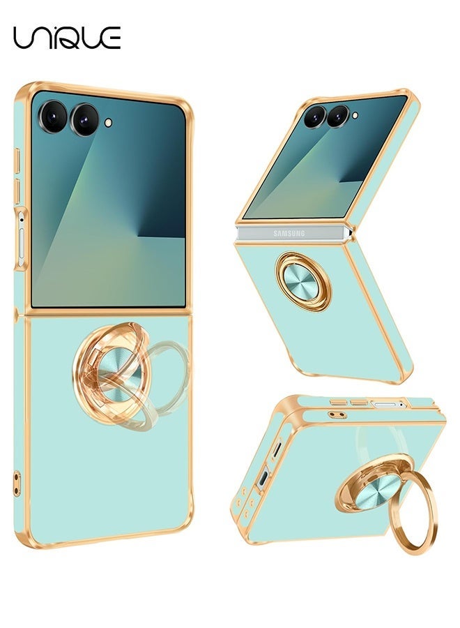يونيك لجراب سامسونج جالاكسي زد فليب 7 [مع حامل حلقة قابل للدوران بزاوية 360 درجة] [دعم حامل السيارة المغناطيسي] - جراب TPU ناعم مطلي بالذهب اللامع لهاتف Galaxy Z Flip 7 - أخضر نعناعي - Image 1