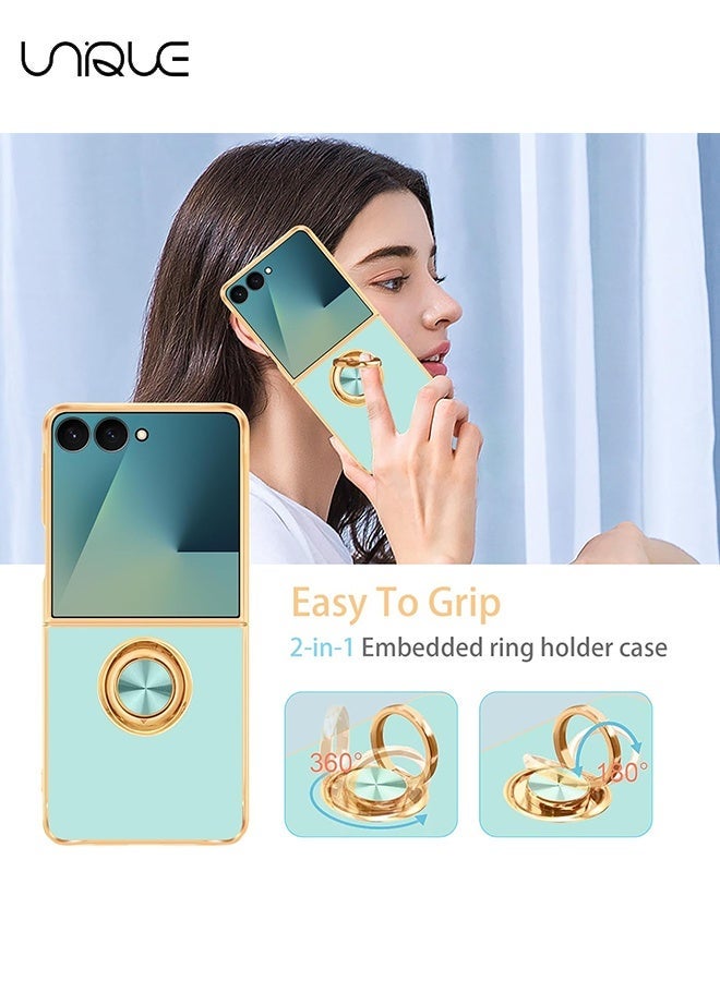 يونيك لجراب سامسونج جالاكسي زد فليب 7 [مع حامل حلقة قابل للدوران بزاوية 360 درجة] [دعم حامل السيارة المغناطيسي] - جراب TPU ناعم مطلي بالذهب اللامع لهاتف Galaxy Z Flip 7 - أخضر نعناعي - Image 5