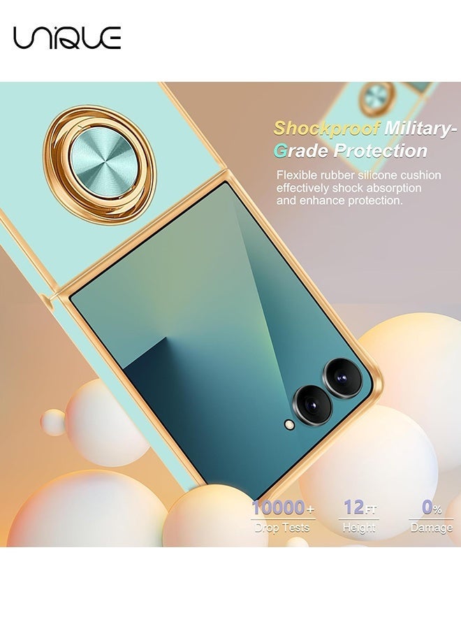يونيك لجراب سامسونج جالاكسي زد فليب 7 [مع حامل حلقة قابل للدوران بزاوية 360 درجة] [دعم حامل السيارة المغناطيسي] - جراب TPU ناعم مطلي بالذهب اللامع لهاتف Galaxy Z Flip 7 - أخضر نعناعي - Image 2