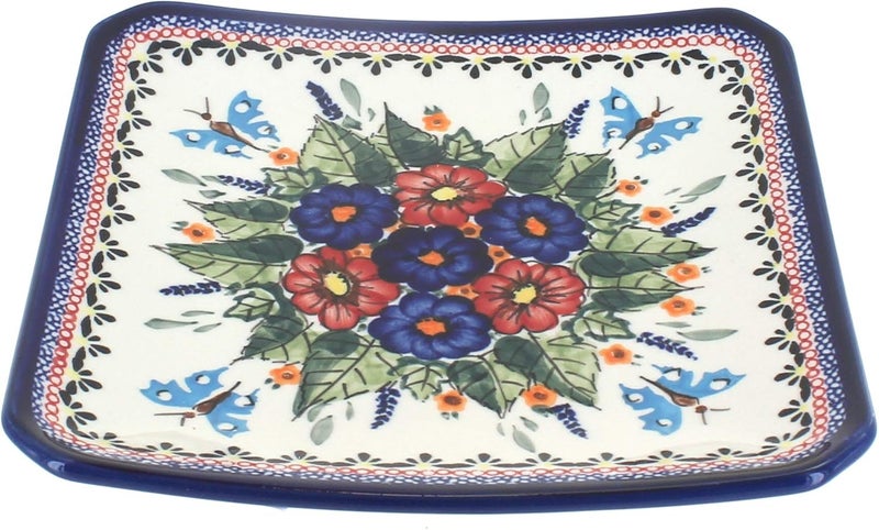 Blue Rose Pottery Blue Rose Polish Pottery Floral Butterfly Square Dessert Plate - Image 1