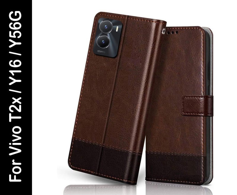 Windmill Premium Vegan Leather Dual Flip Mobile Cover Case|Kickstand & Card Holder|360 Degree Grip Protection| Wallet Type with Magnetic Closure for Vivo Y56 5G-(Brown with Coffee) - Image 2