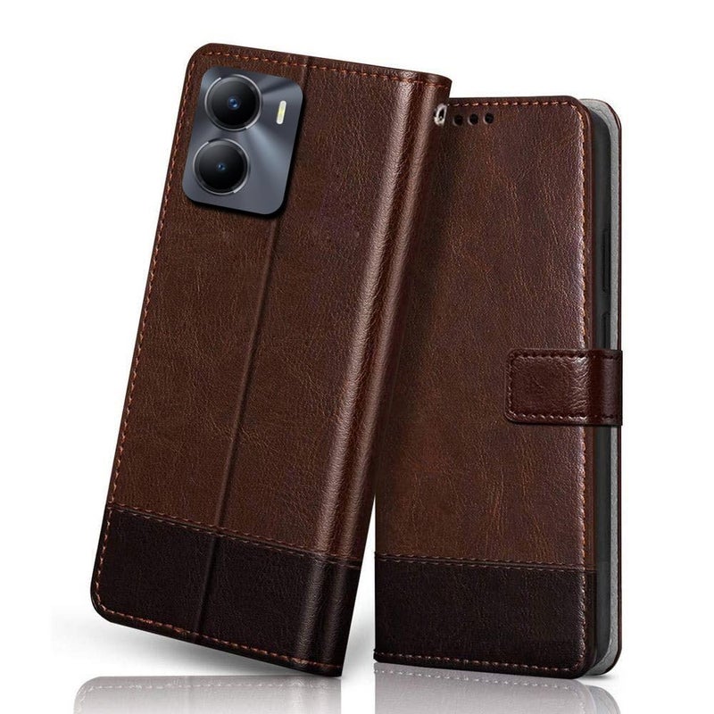 Windmill Premium Vegan Leather Dual Flip Mobile Cover Case|Kickstand & Card Holder|360 Degree Grip Protection| Wallet Type with Magnetic Closure for Vivo Y56 5G-(Brown with Coffee) - Image 1