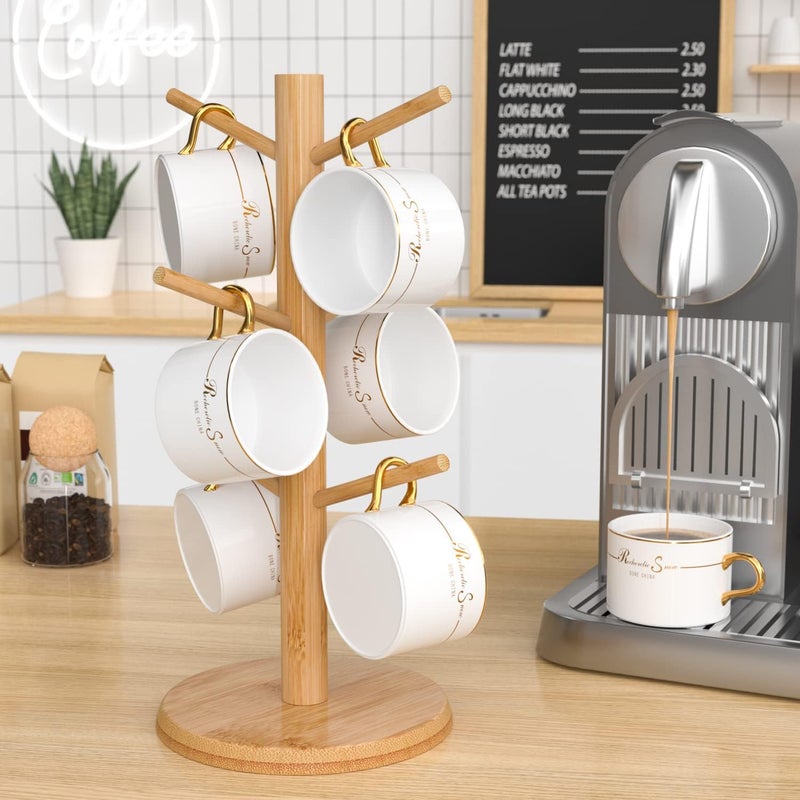 Wisuce Bamboo Mug Tree with Thicker Base - Countertop Coffee Cup Stand with 6 Hooks - Image 1