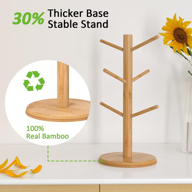 Wisuce Bamboo Mug Tree with Thicker Base - Countertop Coffee Cup Stand with 6 Hooks - Image 5