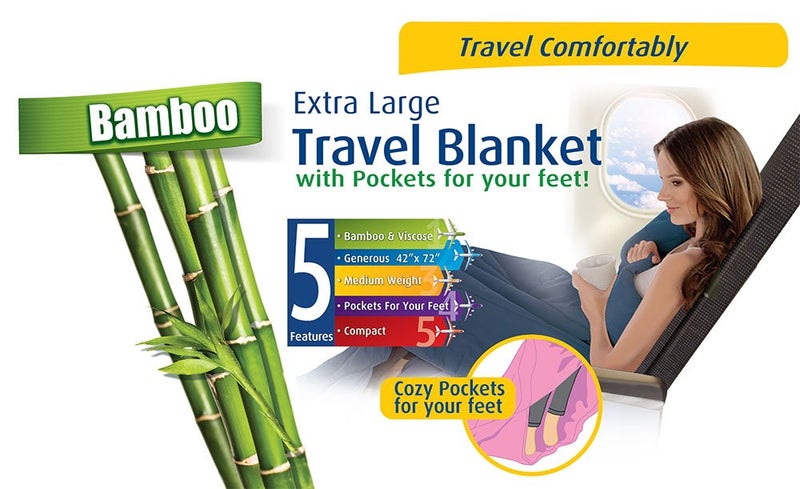 Cloudz Extra Large Airplane Travel Blanket for Your Flight, Car, Camping, Home or Comforting Warmth Anywhere! Includes Warm Cozy Pockets for Your Feet and a Travel Bag - Navy Blue - Image 3