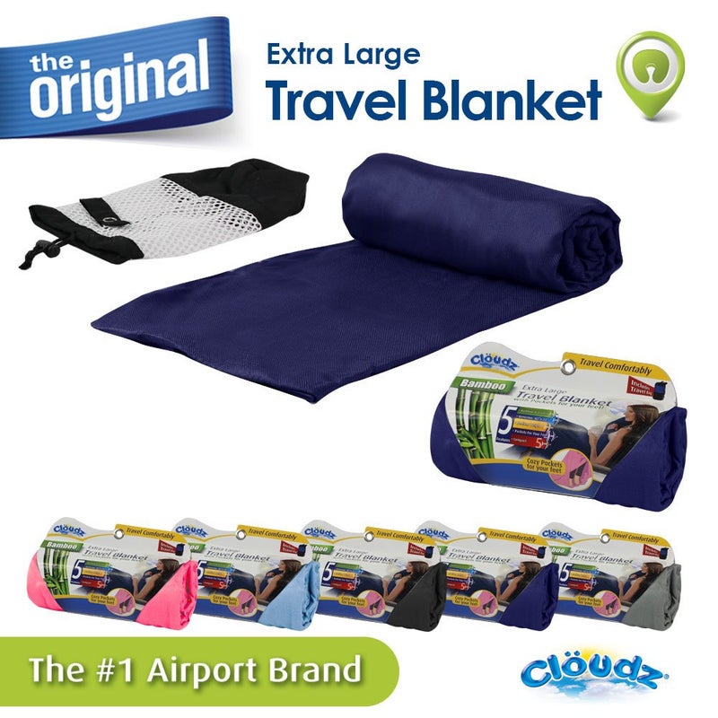 Cloudz Extra Large Airplane Travel Blanket for Your Flight, Car, Camping, Home or Comforting Warmth Anywhere! Includes Warm Cozy Pockets for Your Feet and a Travel Bag - Navy Blue - Image 2