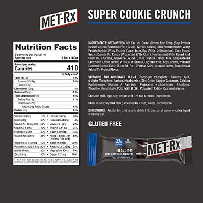 MET-Rx Big 100 Protein Bar, Meal Replacement Bar, 32G Protein, Super Cookie Crunch, 9 Bars (Pack of 1) - Image 2