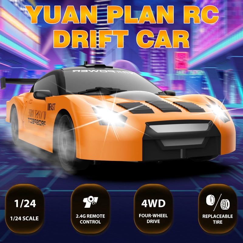 YUAN PLAN RC Drift Car 1/24 2.4GHz Remote Control Car 4WD High Speed Drifting RC Cars with LED Light and Drift Tires Racing Toy Cars for Boys Girls Kids Adults (Orange) - Image 2