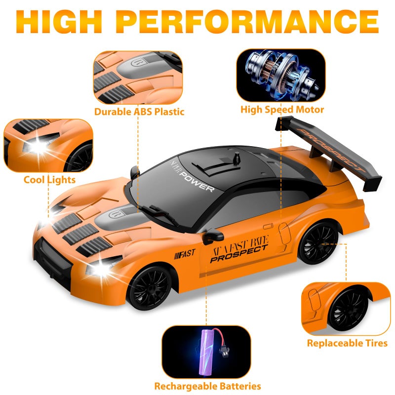 YUAN PLAN RC Drift Car 1/24 2.4GHz Remote Control Car 4WD High Speed Drifting RC Cars with LED Light and Drift Tires Racing Toy Cars for Boys Girls Kids Adults (Orange) - Image 3