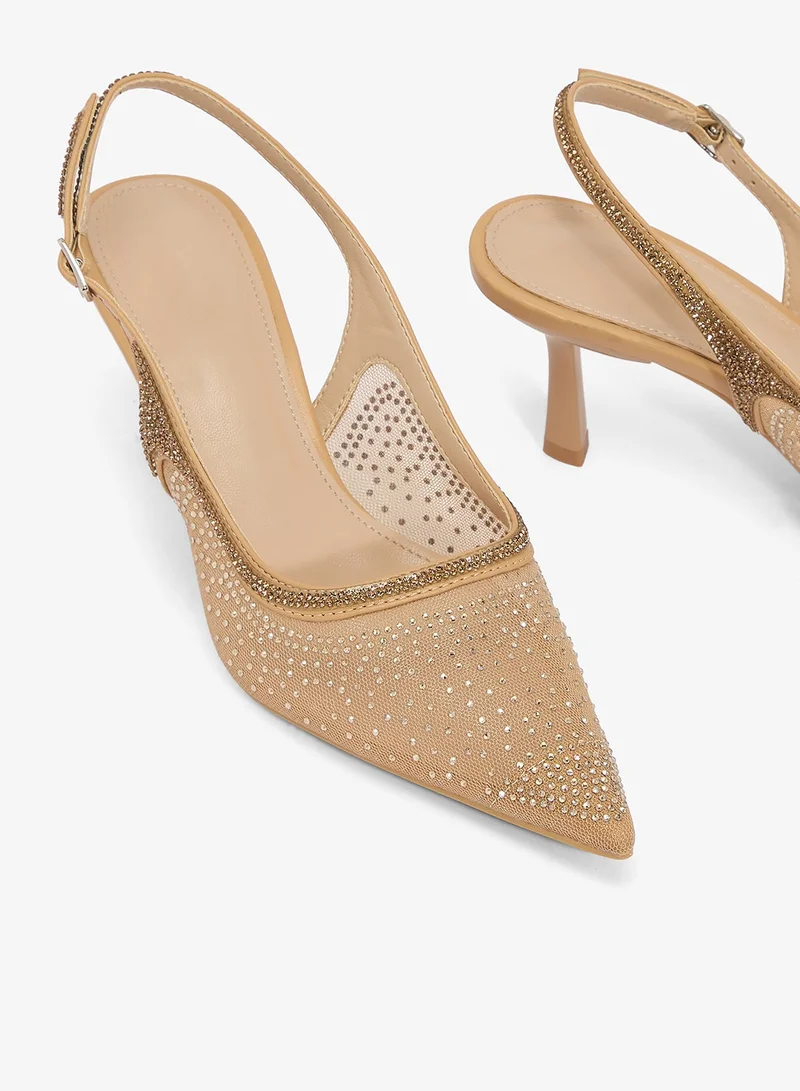 Ella Limited Edition Gold Rhinestone Detail Mesh Sling Back Pumps for Women | Best Price UAE