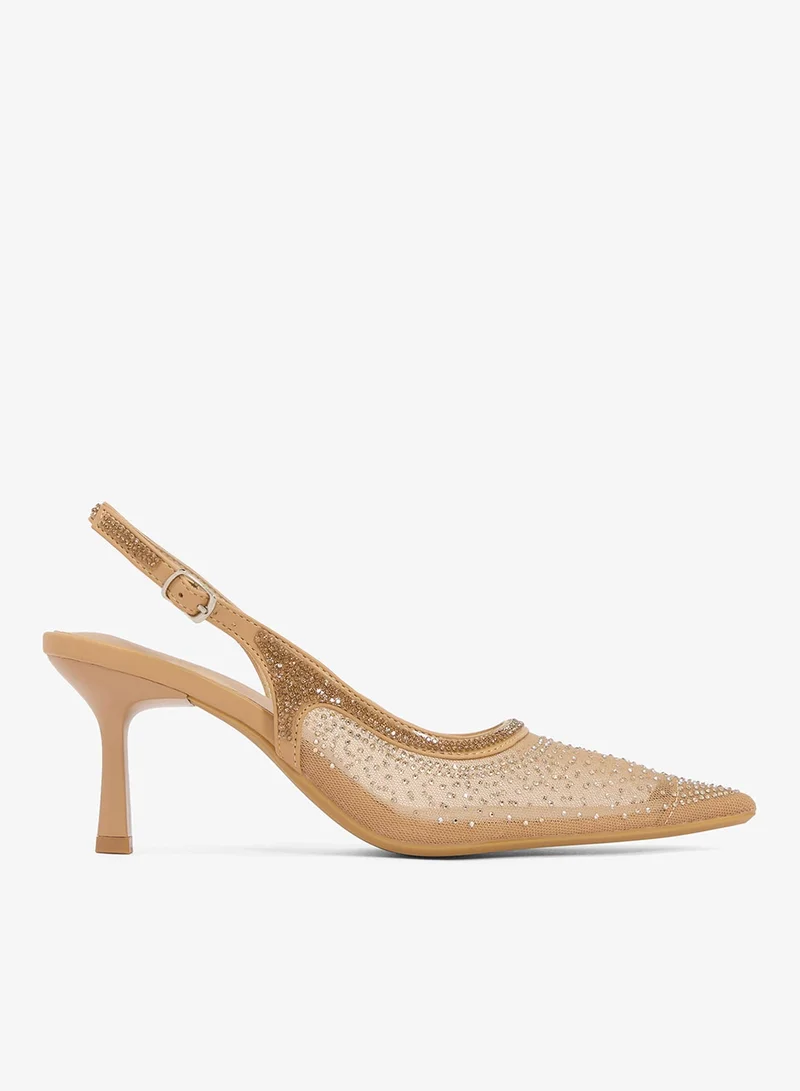 Ella Limited Edition Gold Rhinestone Detail Mesh Sling Back Pumps for Women | Best Price UAE