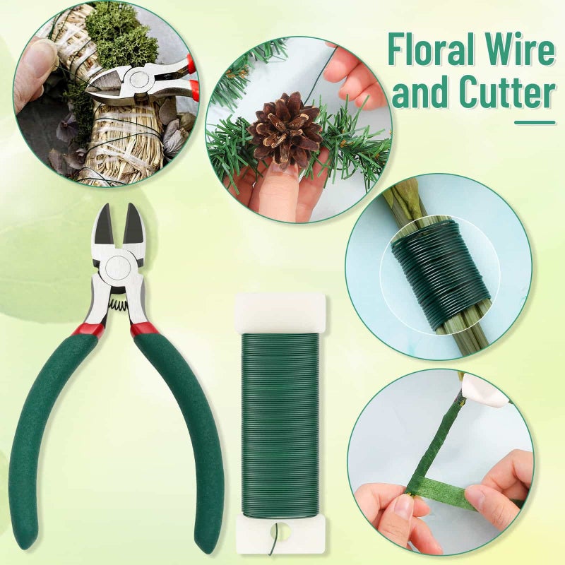 PAXCOO Floral Tape and Wire, Florist Tape and Flower Wire Arrangement Kit with White Ribbon, Boutonniere Pin, Cutter for Bouquets, Crafts, Wreath Making (Dark Green) - Image 3