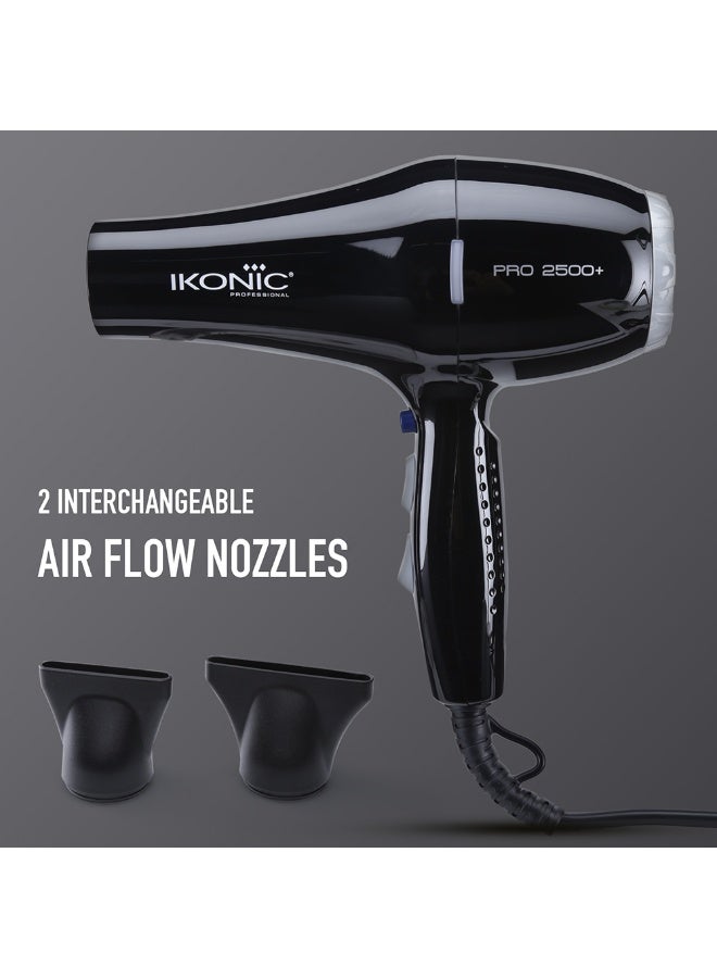 أي كونيك مجفف الشعر أيكونيك بروفيشنال 2500+ أدفانسد، باللون الأسود، ثنائي القدرة 2400 – 2800 واط مع محرك AC بسرعة 23,000 دورة في الدقيقة، وتقنية الأيونات للتحكم في التجعد ومنح الشعر لمعاناً صحياً، يحتوي على 3 إعدادات للحرارة وسرعتين مع زر الهواء البارد لتثبيت التسريحة، فوهتان لتدفق هواء دقيق، نظام حماية من السخونة الزائدة، مناسب لجميع أنواع الشعر. - Image 2