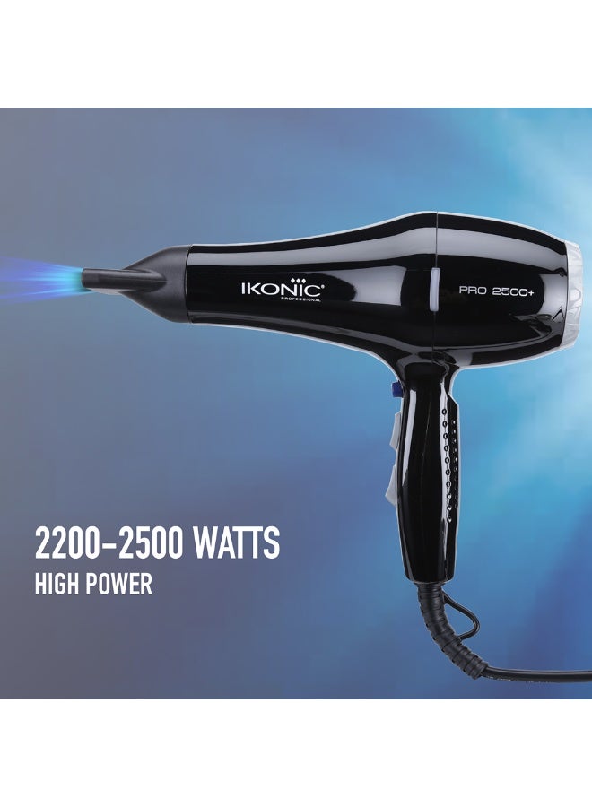 أي كونيك مجفف الشعر أيكونيك بروفيشنال 2500+ أدفانسد، باللون الأسود، ثنائي القدرة 2400 – 2800 واط مع محرك AC بسرعة 23,000 دورة في الدقيقة، وتقنية الأيونات للتحكم في التجعد ومنح الشعر لمعاناً صحياً، يحتوي على 3 إعدادات للحرارة وسرعتين مع زر الهواء البارد لتثبيت التسريحة، فوهتان لتدفق هواء دقيق، نظام حماية من السخونة الزائدة، مناسب لجميع أنواع الشعر. - Image 3