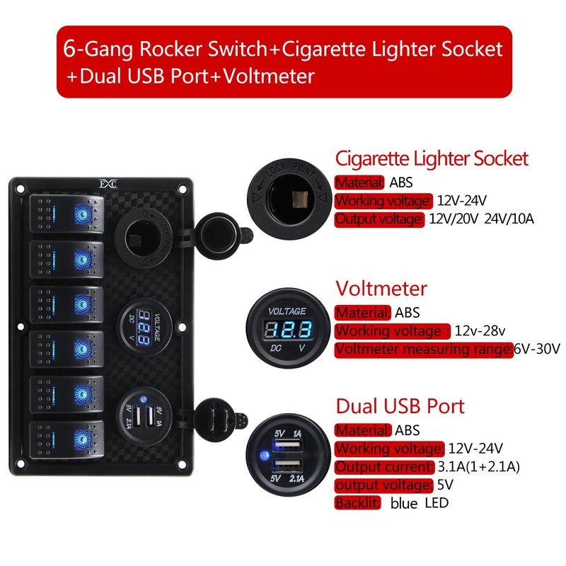 FXC Waterproof Marine Boat Rocker Switch Panel 6 Gang with Dual USB Slot Socket + Cigarette Lighter + Digital Voltage Display LED Light for Car Rv Vehicles Truck (6 Gang Blue Light) - Image 2