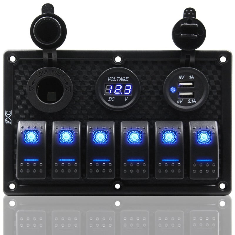 FXC Waterproof Marine Boat Rocker Switch Panel 6 Gang with Dual USB Slot Socket + Cigarette Lighter + Digital Voltage Display LED Light for Car Rv Vehicles Truck (6 Gang Blue Light) - Image 1