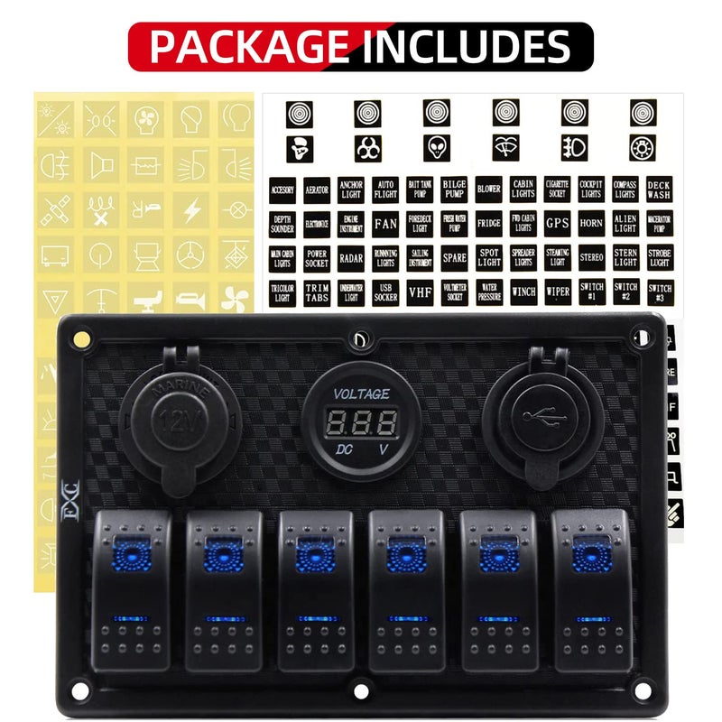 FXC Waterproof Marine Boat Rocker Switch Panel 6 Gang with Dual USB Slot Socket + Cigarette Lighter + Digital Voltage Display LED Light for Car Rv Vehicles Truck (6 Gang Blue Light) - Image 3