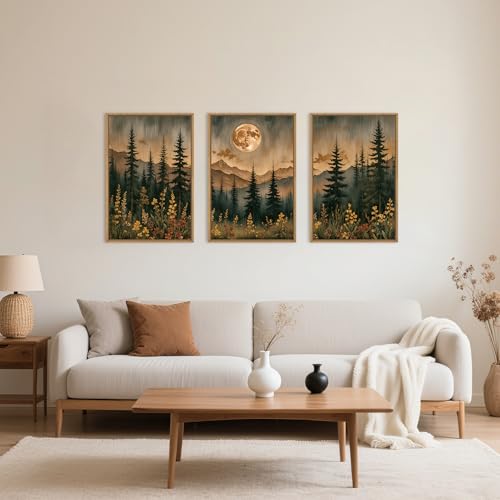 HOURIA Vintage Boho Nature Moonlight Forest Mountain Framed Canvas Wall Art Set,Wilderness Dark Moon Woodland Floral Decor,Retro Wildflower Field Landscape Artwork for Living Room,Farmhouse-16 x24 x3 - Image 2