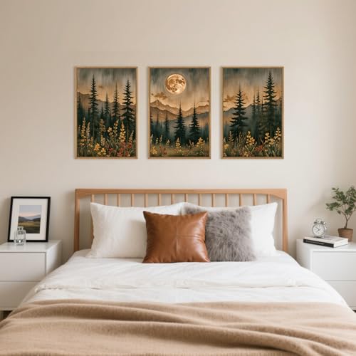 HOURIA Vintage Boho Nature Moonlight Forest Mountain Framed Canvas Wall Art Set,Wilderness Dark Moon Woodland Floral Decor,Retro Wildflower Field Landscape Artwork for Living Room,Farmhouse-16 x24 x3 - Image 5