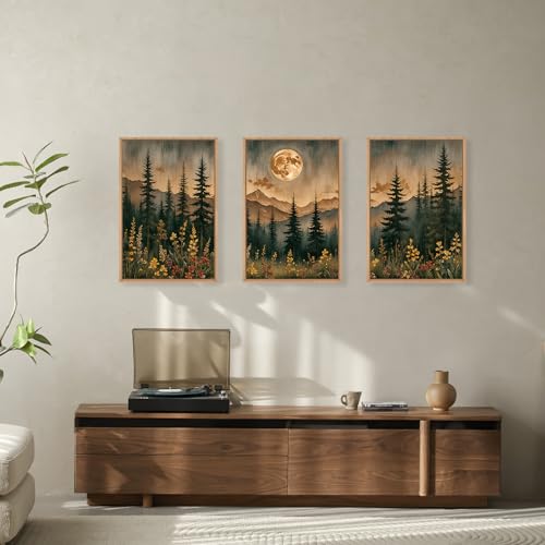 HOURIA Vintage Boho Nature Moonlight Forest Mountain Framed Canvas Wall Art Set,Wilderness Dark Moon Woodland Floral Decor,Retro Wildflower Field Landscape Artwork for Living Room,Farmhouse-16 x24 x3 - Image 3