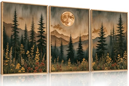 HOURIA Vintage Boho Nature Moonlight Forest Mountain Framed Canvas Wall Art Set,Wilderness Dark Moon Woodland Floral Decor,Retro Wildflower Field Landscape Artwork for Living Room,Farmhouse-16 x24 x3 - Image 1