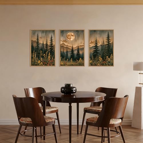 HOURIA Vintage Boho Nature Moonlight Forest Mountain Framed Canvas Wall Art Set,Wilderness Dark Moon Woodland Floral Decor,Retro Wildflower Field Landscape Artwork for Living Room,Farmhouse-16 x24 x3 - Image 4
