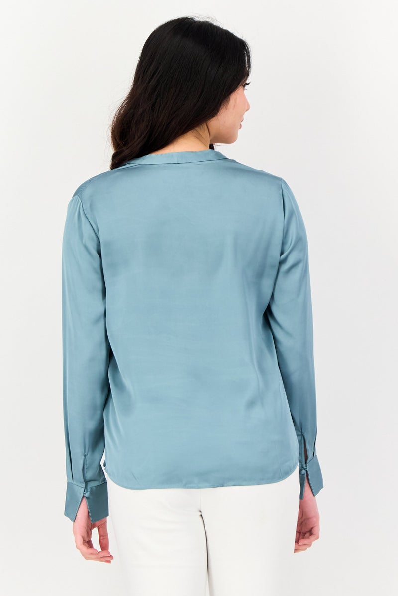 SELECTED Women V-Neck Plain Long Sleeve Blouse, Smoke Blue - Image 3