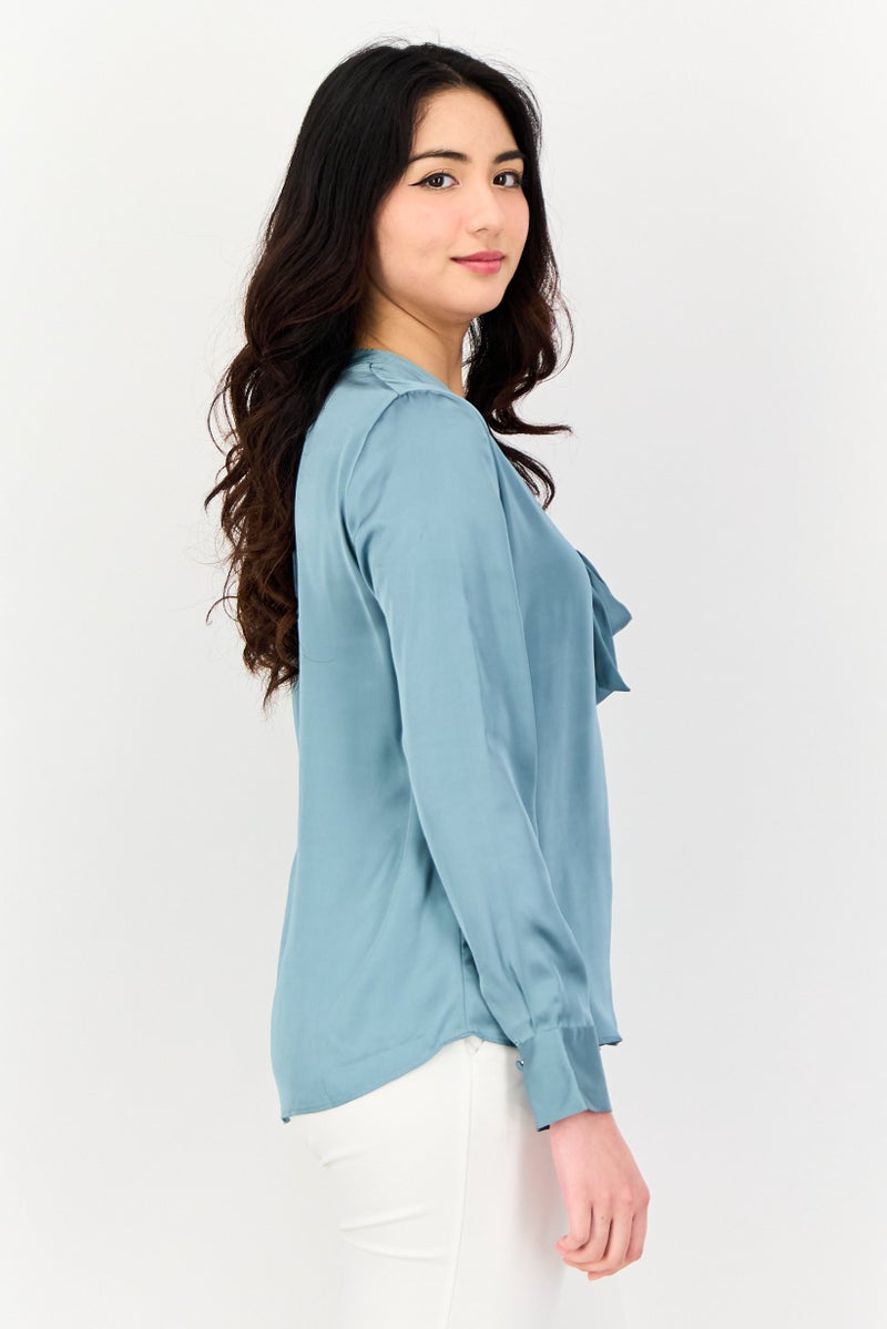 SELECTED Women V-Neck Plain Long Sleeve Blouse, Smoke Blue - Image 2