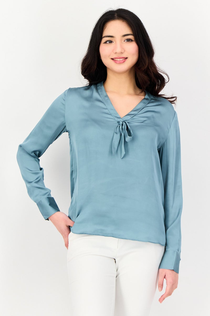 SELECTED Women V-Neck Plain Long Sleeve Blouse, Smoke Blue - Image 1
