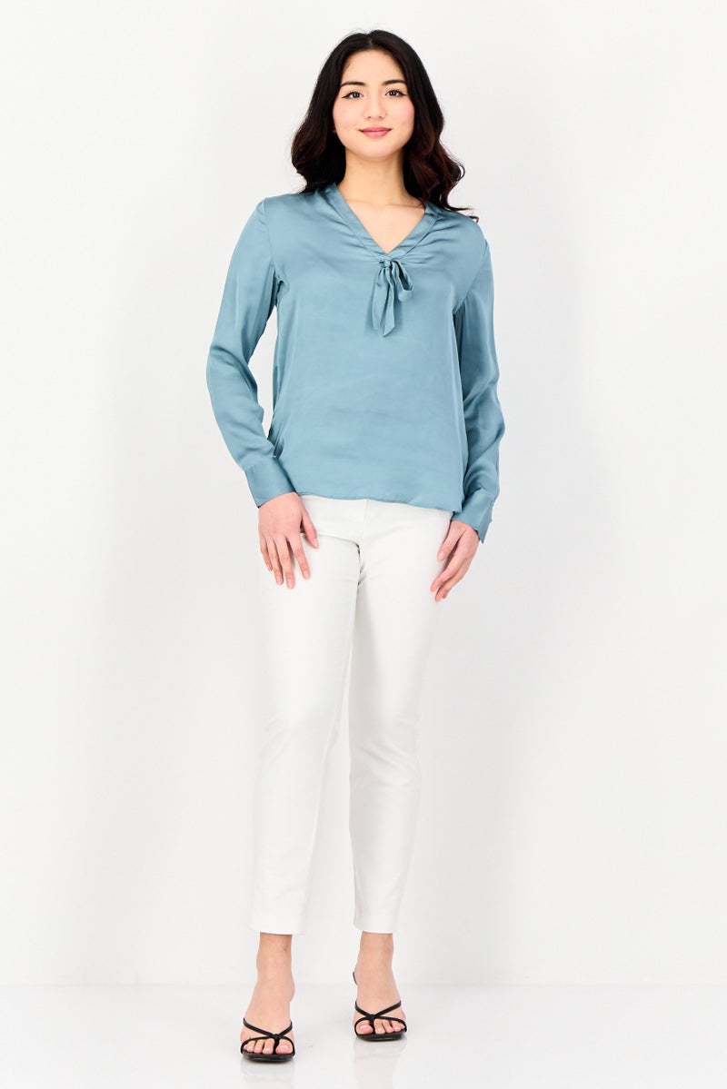 SELECTED Women V-Neck Plain Long Sleeve Blouse, Smoke Blue - Image 4