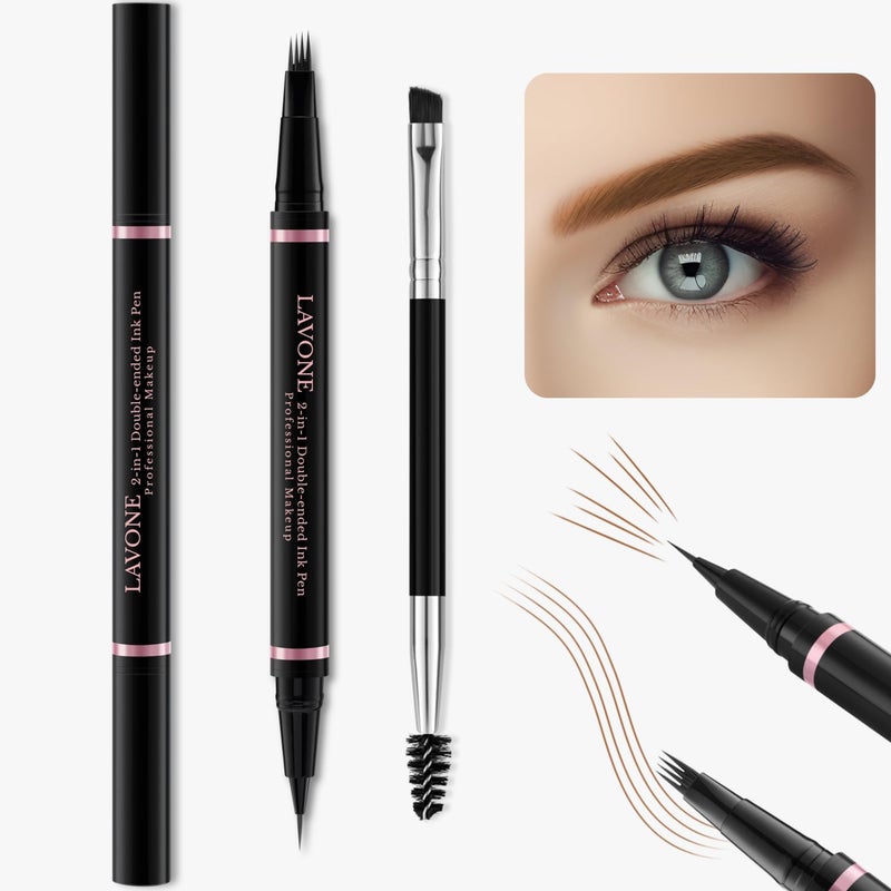 LAVONE Eyebrow Pencil Makeup Kit, with Waterproof 2-IN-1 Microblading Eyebrow Pen, Eyebrow Pomade, Eyeliner and Dual-ended Eyebrow Brush, Brow Pencil Kit for Natural Eyebrows - Soft Brown - Image 2