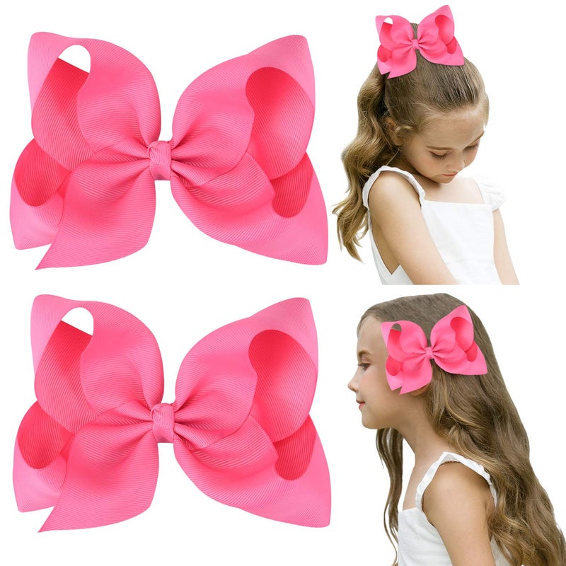 DEEKA 2 PCS 6" Big Hand-made Grosgrain Ribbon Solid Color Hair Bows Alligator Clips Hair Accessories for Little Teen Toddler Girls Kids Set of 2 -Hot Pink - Image 1