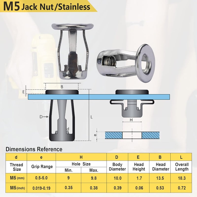 KOOPATZ Stainless M5 Jack Nut with Installation Tool Threaded Insert Nuts Nutserts Jacknut Srew Anchor Spider Rivnut Blind for Plastic Polywood Pressboard Hardboard Thin Board Hollow Wall - Image 2