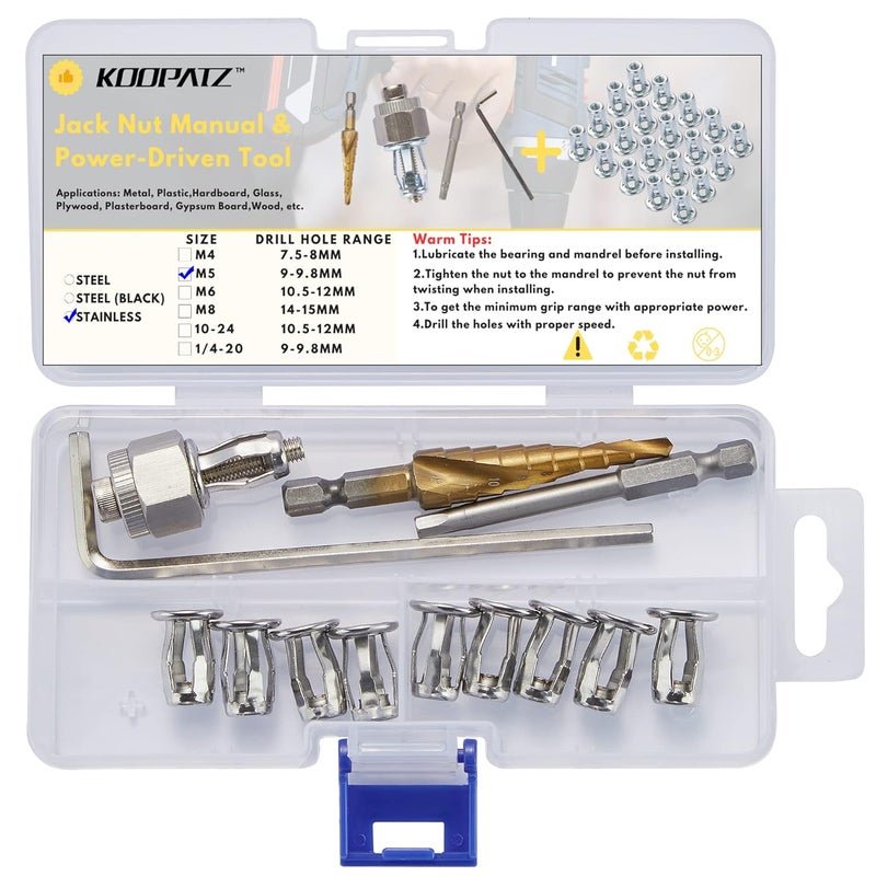 KOOPATZ Stainless M5 Jack Nut with Installation Tool Threaded Insert Nuts Nutserts Jacknut Srew Anchor Spider Rivnut Blind for Plastic Polywood Pressboard Hardboard Thin Board Hollow Wall - Image 1