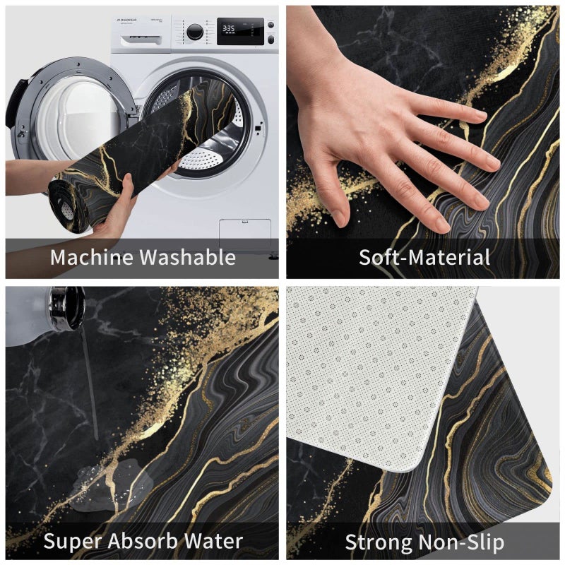 Poream Black and Gold Marble Bath Mats for Bathroom  Soft Absorbent Bath Rug Non-Slip Floor Rug Carpets for Kitchen Bathroom Laundry Bedroom Living Room Decoration - Image 3