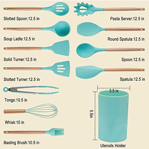 Ziaon Kitchen Utensils, Silicone Heat-Resistant Non-Stick Utensil Set Cooking Tools, Turner, Whisk, Spoon, Brush, Spatula, Ladle Slotted Tongs Pasta Fork (Wood Green 19) - Image 3