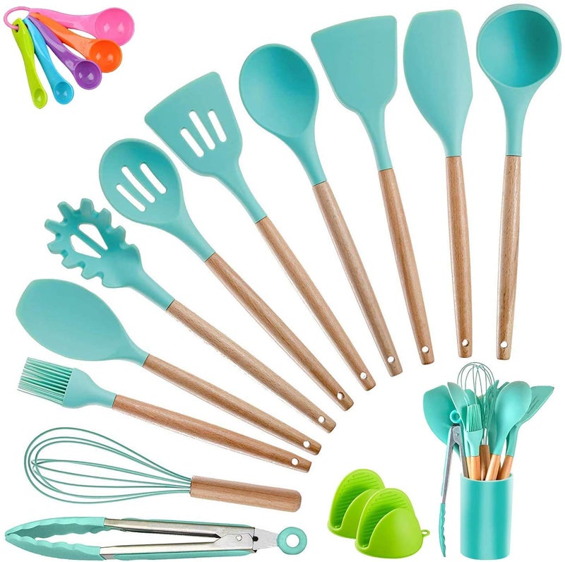 Ziaon Kitchen Utensils, Silicone Heat-Resistant Non-Stick Utensil Set Cooking Tools, Turner, Whisk, Spoon, Brush, Spatula, Ladle Slotted Tongs Pasta Fork (Wood Green 19) - Image 5