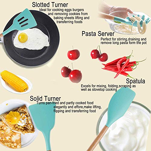 Ziaon Kitchen Utensils, Silicone Heat-Resistant Non-Stick Utensil Set Cooking Tools, Turner, Whisk, Spoon, Brush, Spatula, Ladle Slotted Tongs Pasta Fork (Wood Green 19) - Image 2
