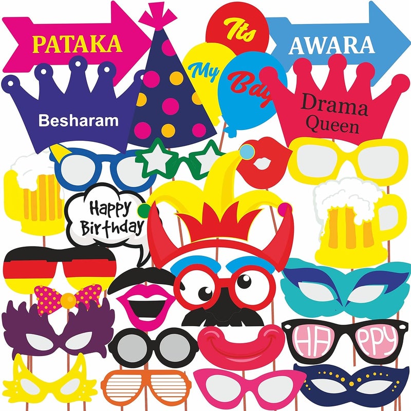 WOBBOX Happy Birthday Photo Booth Party Props Multi Color, Birthday Party Deocration Items, Party Decoration Item - Image 1