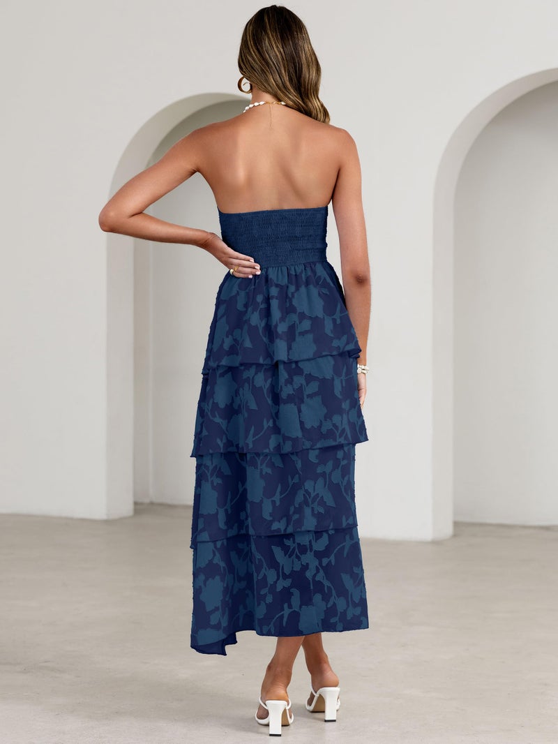 Simplee Womens Summer Strapless Maxi Dress 2026 Off The Shoulder Casual Cute Floral Boho Smocked Tube Dresses Vacation Long Sundress(Navy M) - Image 5