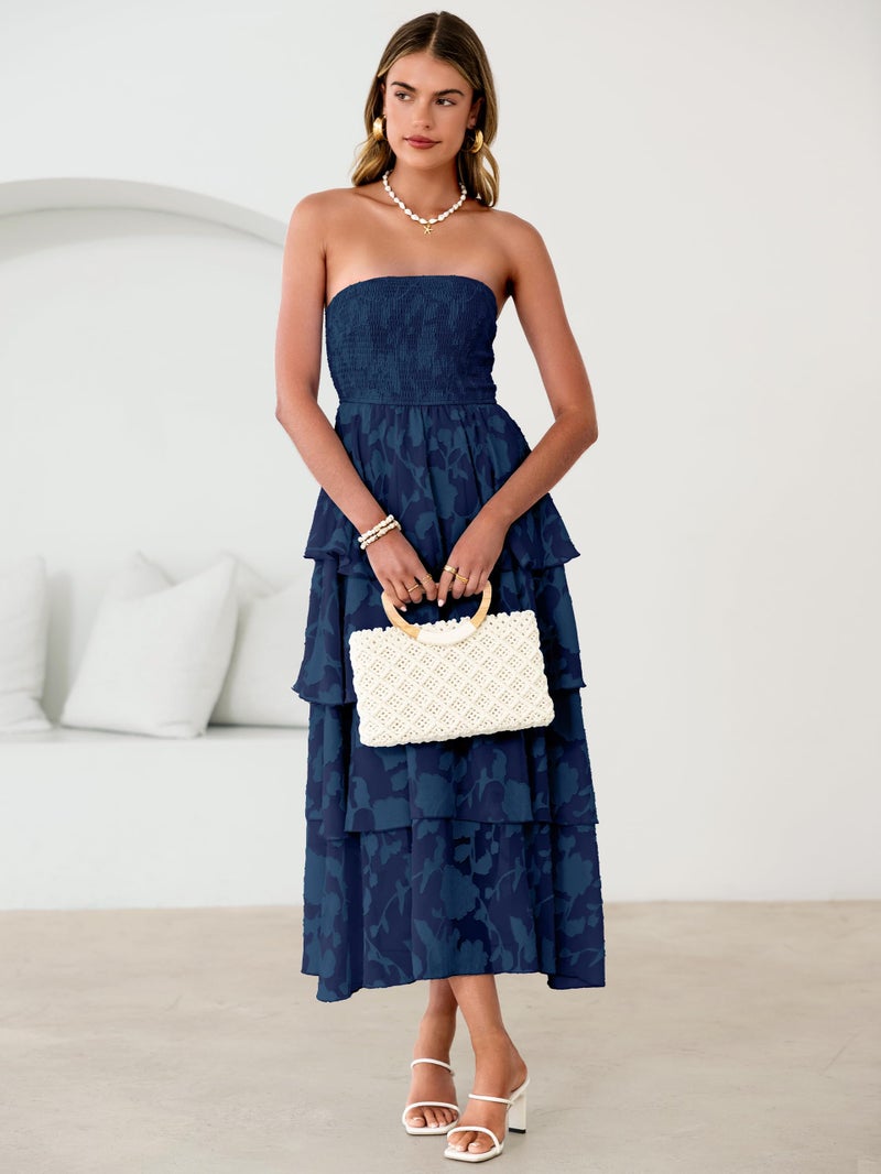 Simplee Womens Summer Strapless Maxi Dress 2026 Off The Shoulder Casual Cute Floral Boho Smocked Tube Dresses Vacation Long Sundress(Navy M) - Image 4