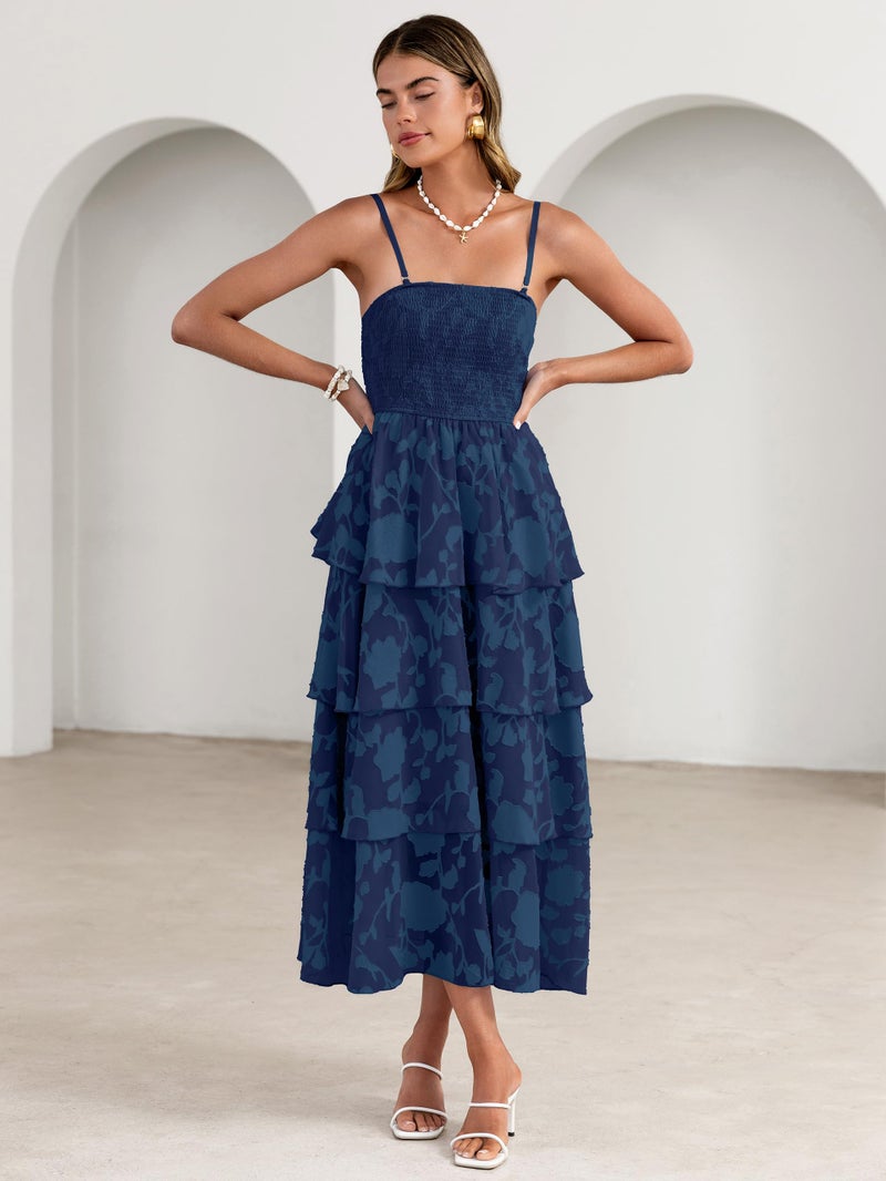 Simplee Womens Summer Strapless Maxi Dress 2026 Off The Shoulder Casual Cute Floral Boho Smocked Tube Dresses Vacation Long Sundress(Navy M) - Image 2